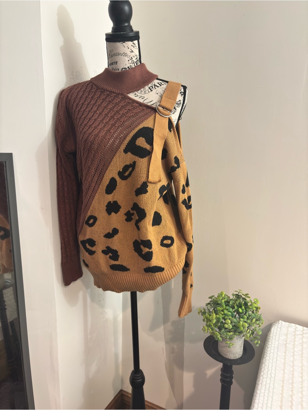 Amazon Brown and Tan Leopard Off-Shoulder Sweater with Buckle Strap